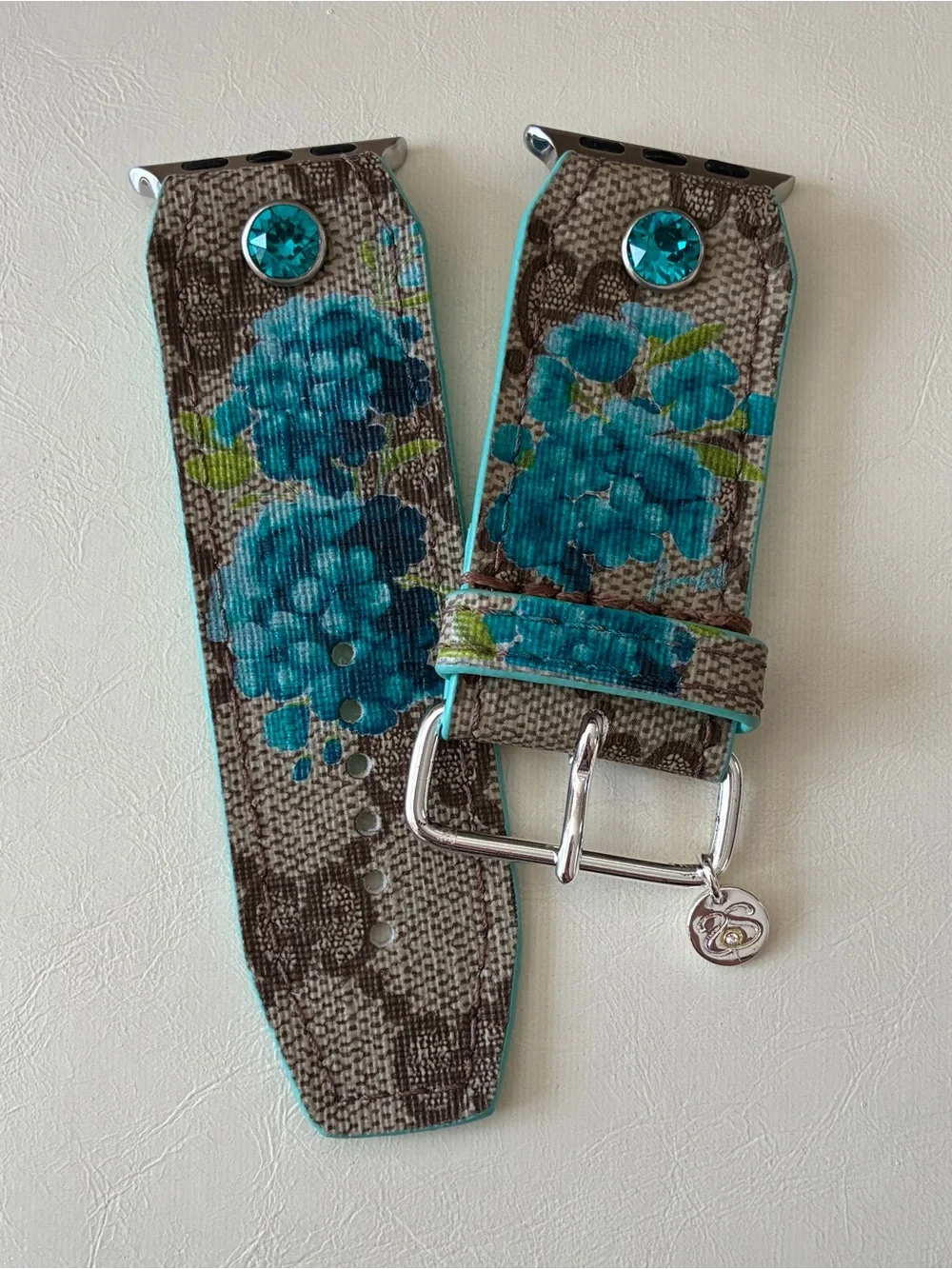 Spark*l “Audrey Blooms” on Authentic Upcycled Brown Webbed GG Apple Watch Band